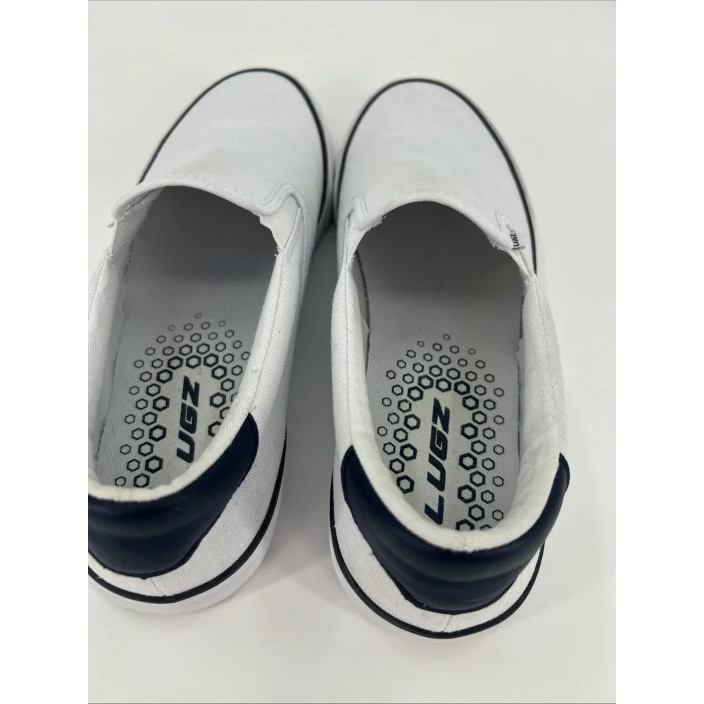 Lugz Clipper Mens White‎ Canvas Slip On Sneakers Navy Blue Accents Loafers